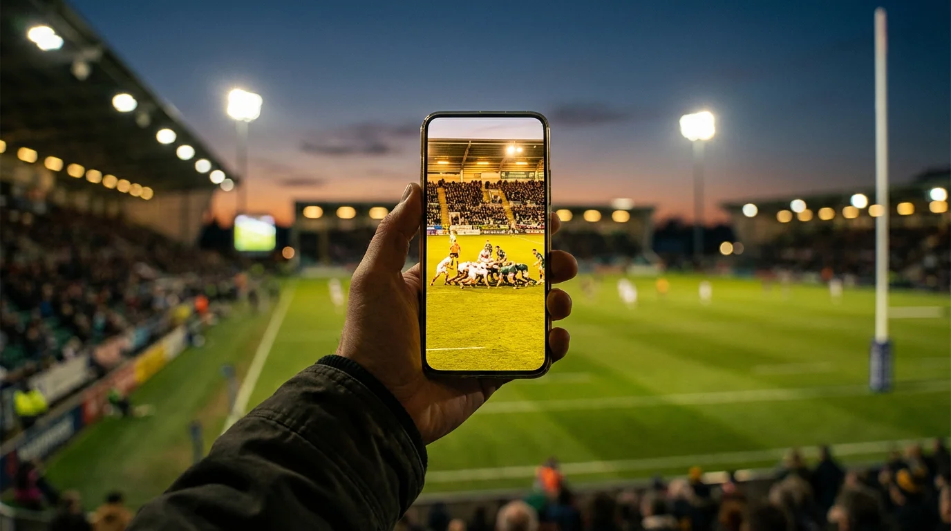 Close-up of a hand holding a smartphone showing a rugby match on screen with a stadium in the background