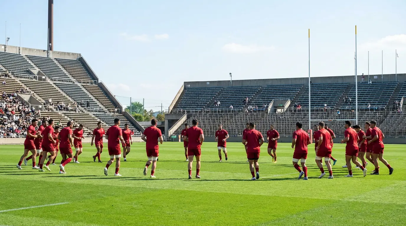 Rugby players in red jerseys warming up on a green pitch before a Lions tour match in a large stadium
