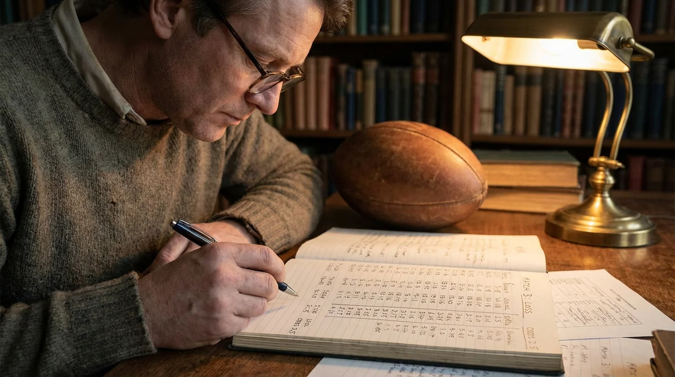 Person reviewing handwritten betting notes at a desk with a rugby ball and pen nearby