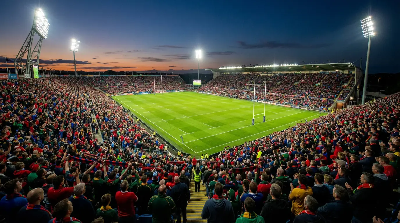 View from the stands of a packed rugby stadium with fans cheering and a green pitch below under floodlights