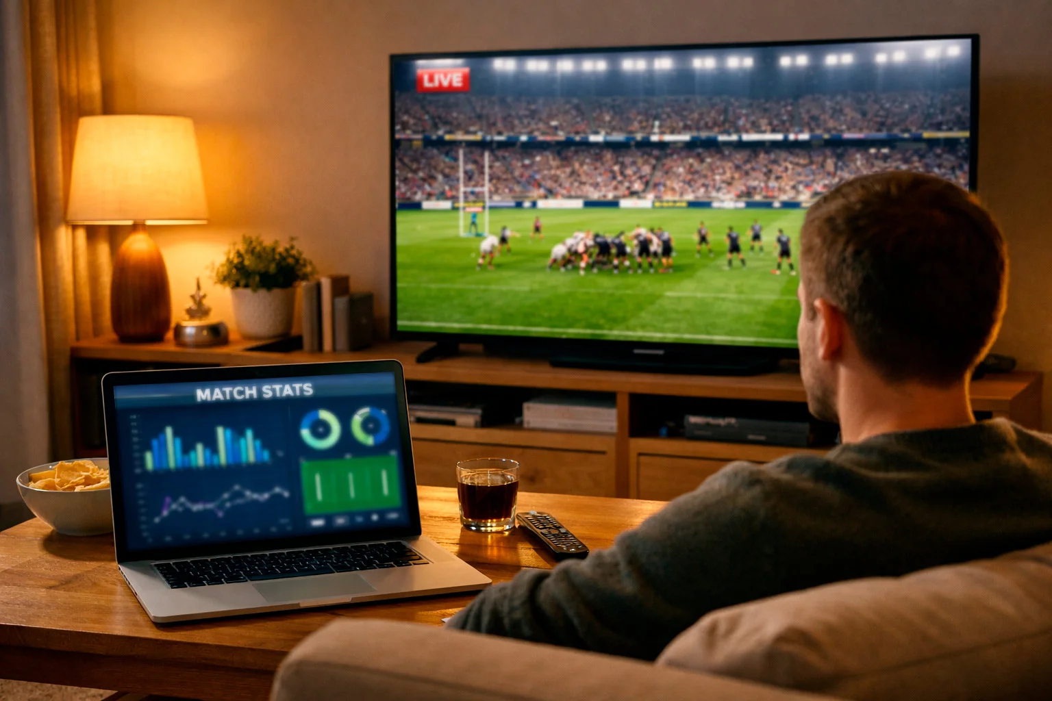 Fan watching rugby match on screen while checking betting odds on laptop