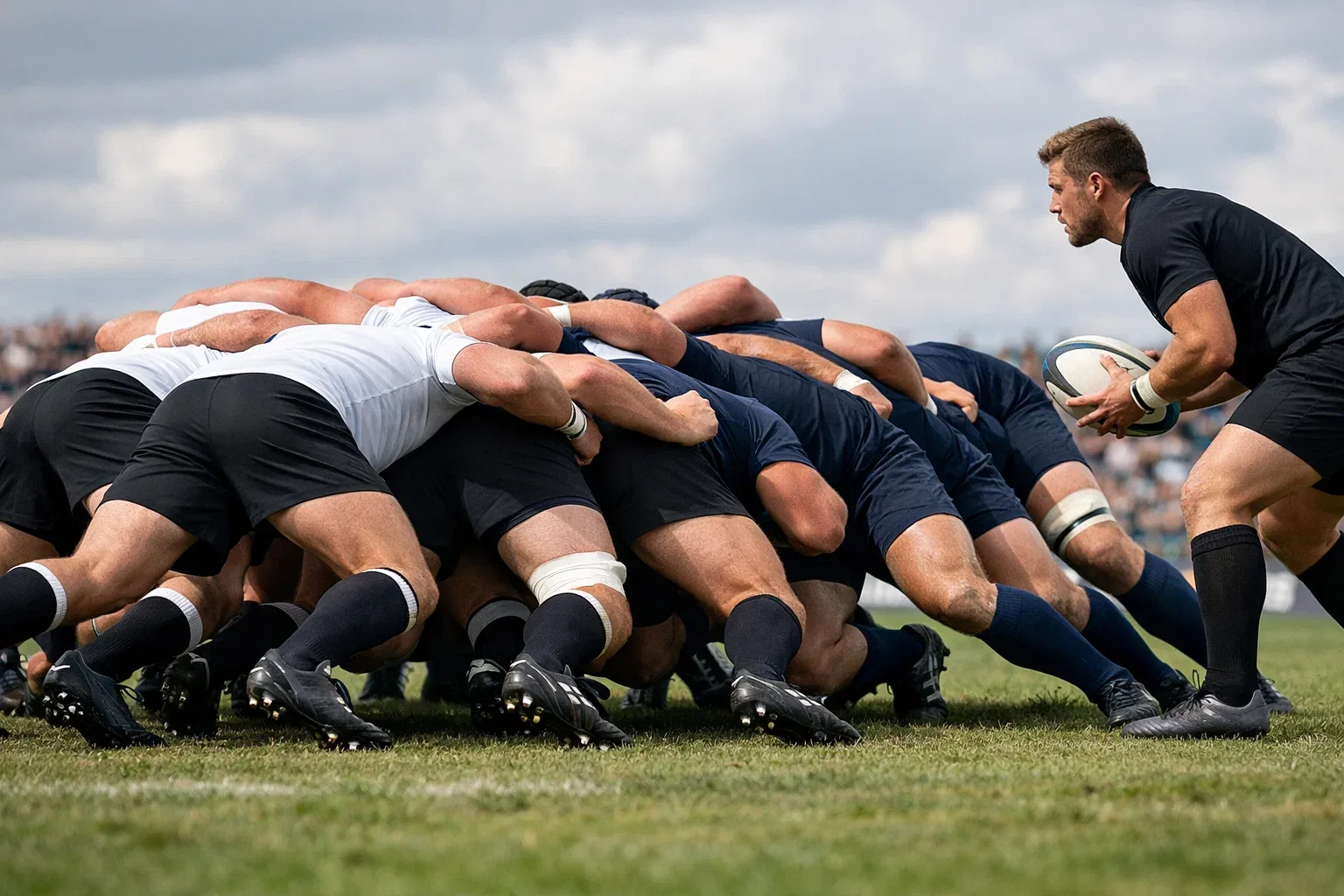 Rugby scrum showing pack dominance with forwards pushing against each other