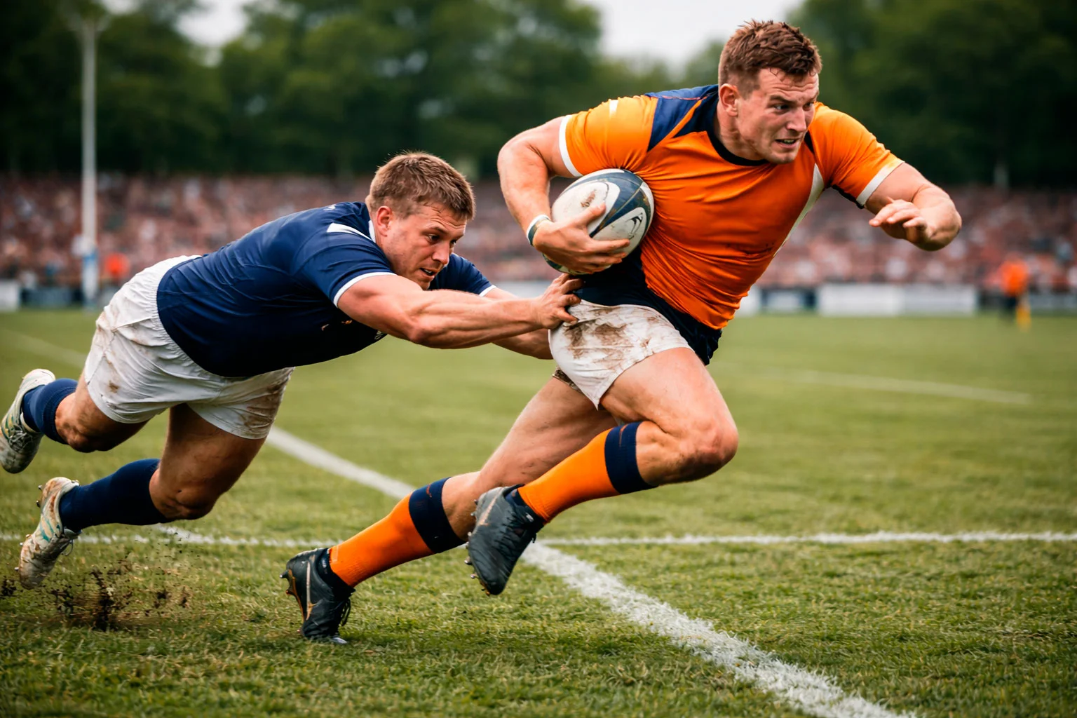 Rugby player breaking through defensive line carrying the ball