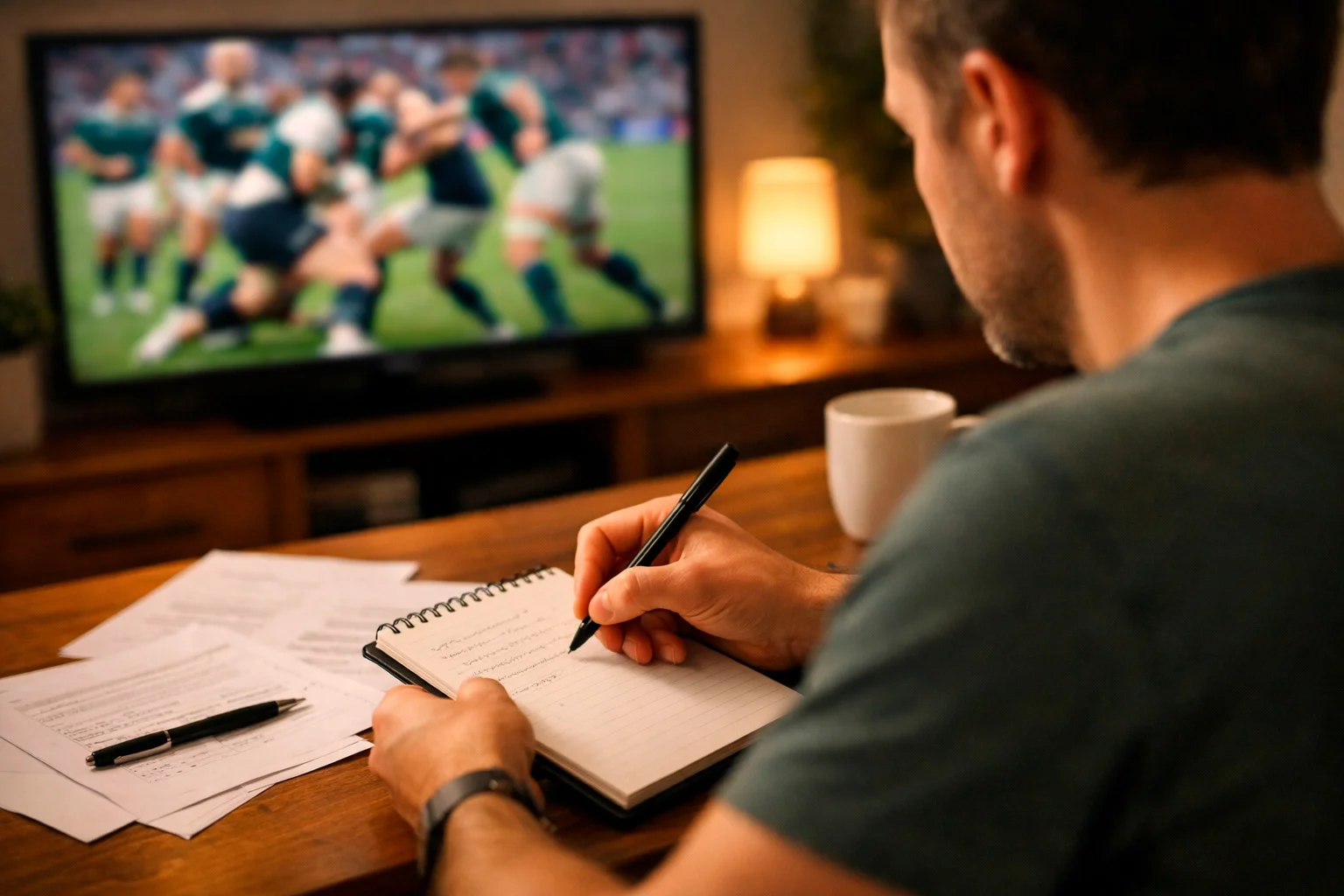 Person taking notes while watching rugby analysis on television
