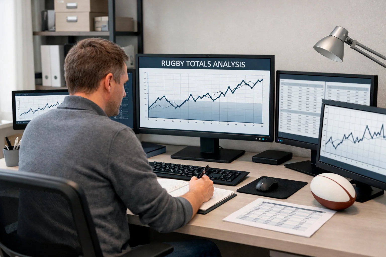 Sports analyst reviewing rugby statistics and data on multiple screens