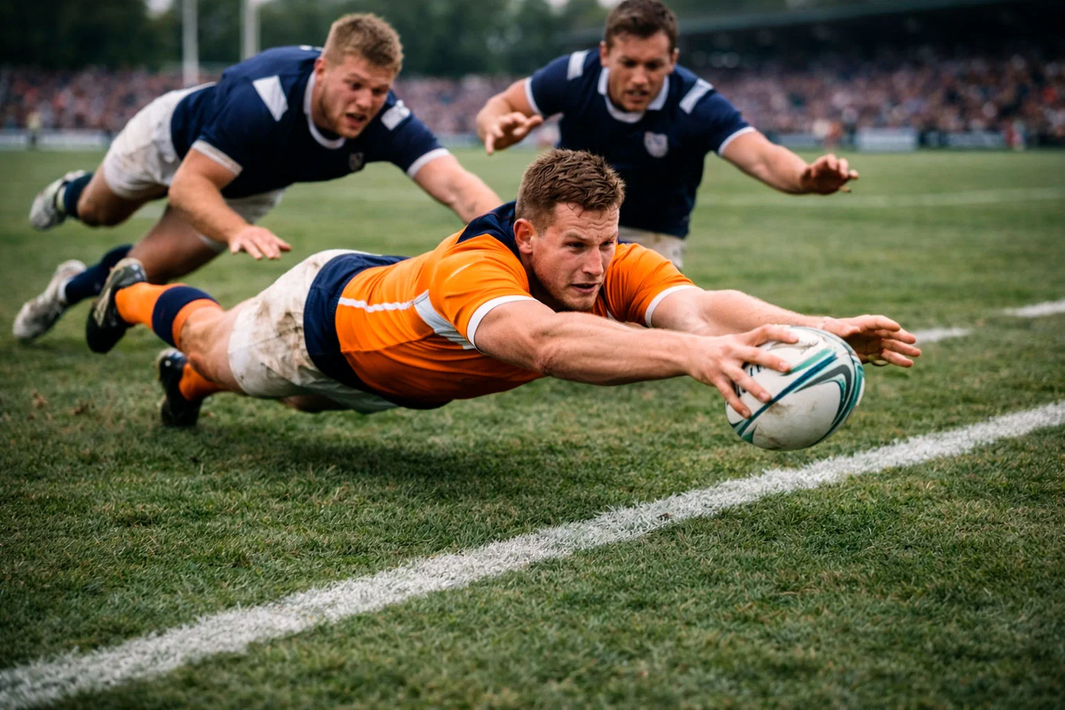 Rugby player diving to score a try near the goal line