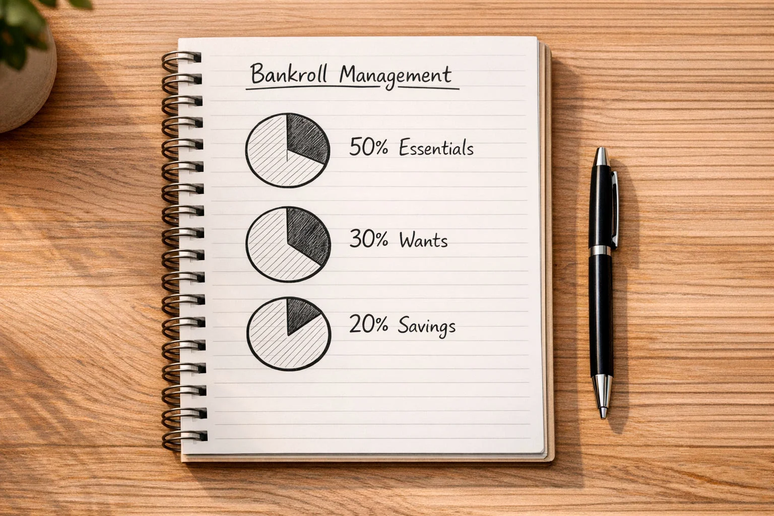 Organized desk with notepad showing percentage symbols for budget planning