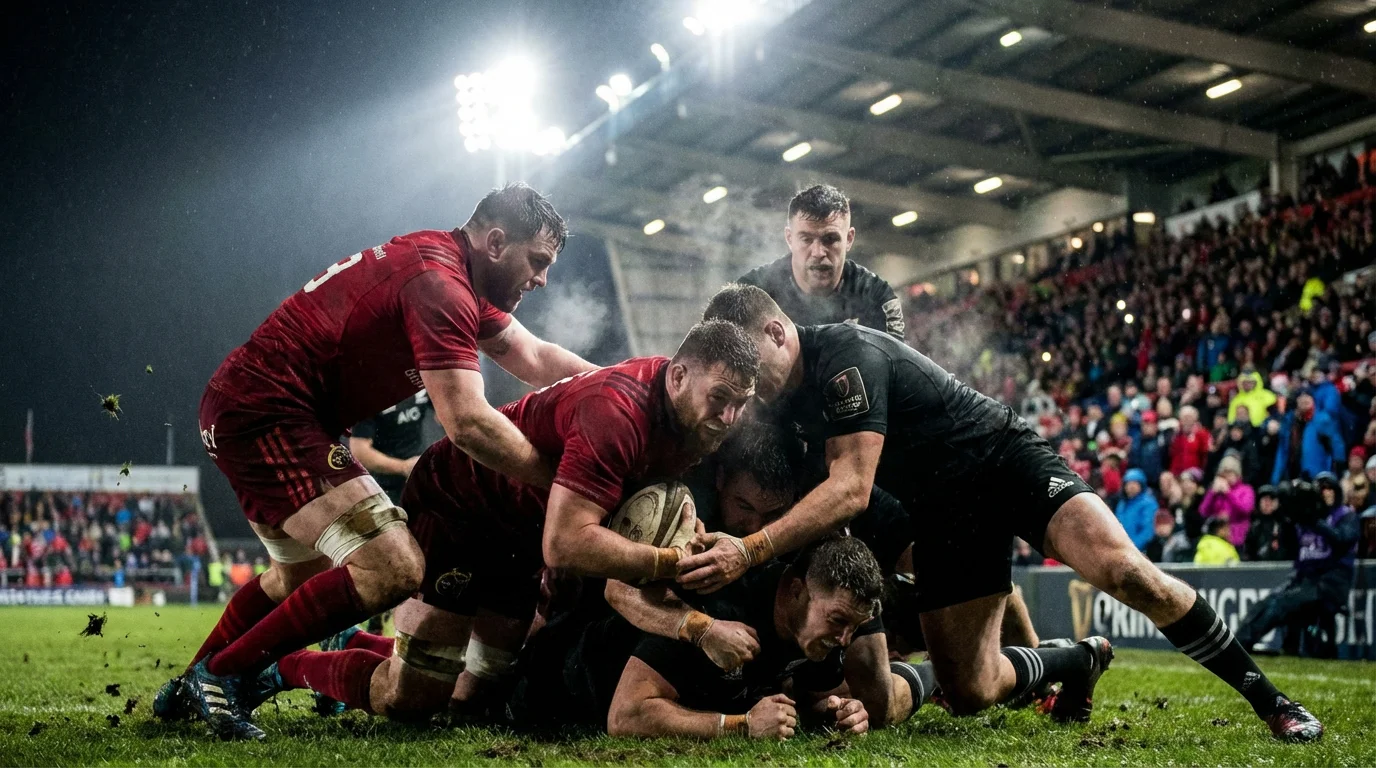 Rugby match in action under bright floodlights at night with players competing for the ball in a ruck