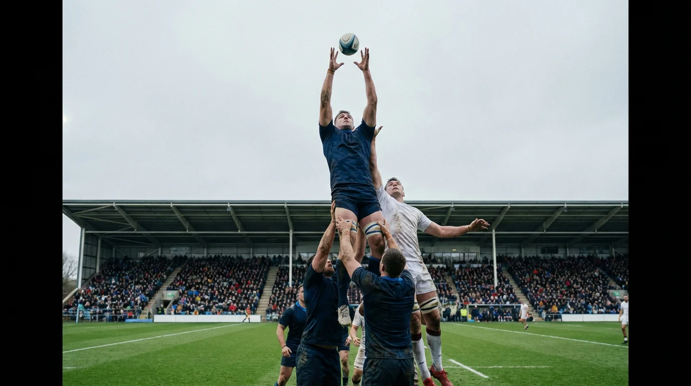 Rugby lineout at an English Premiership match with a player lifted high to catch the ball on a green pitch