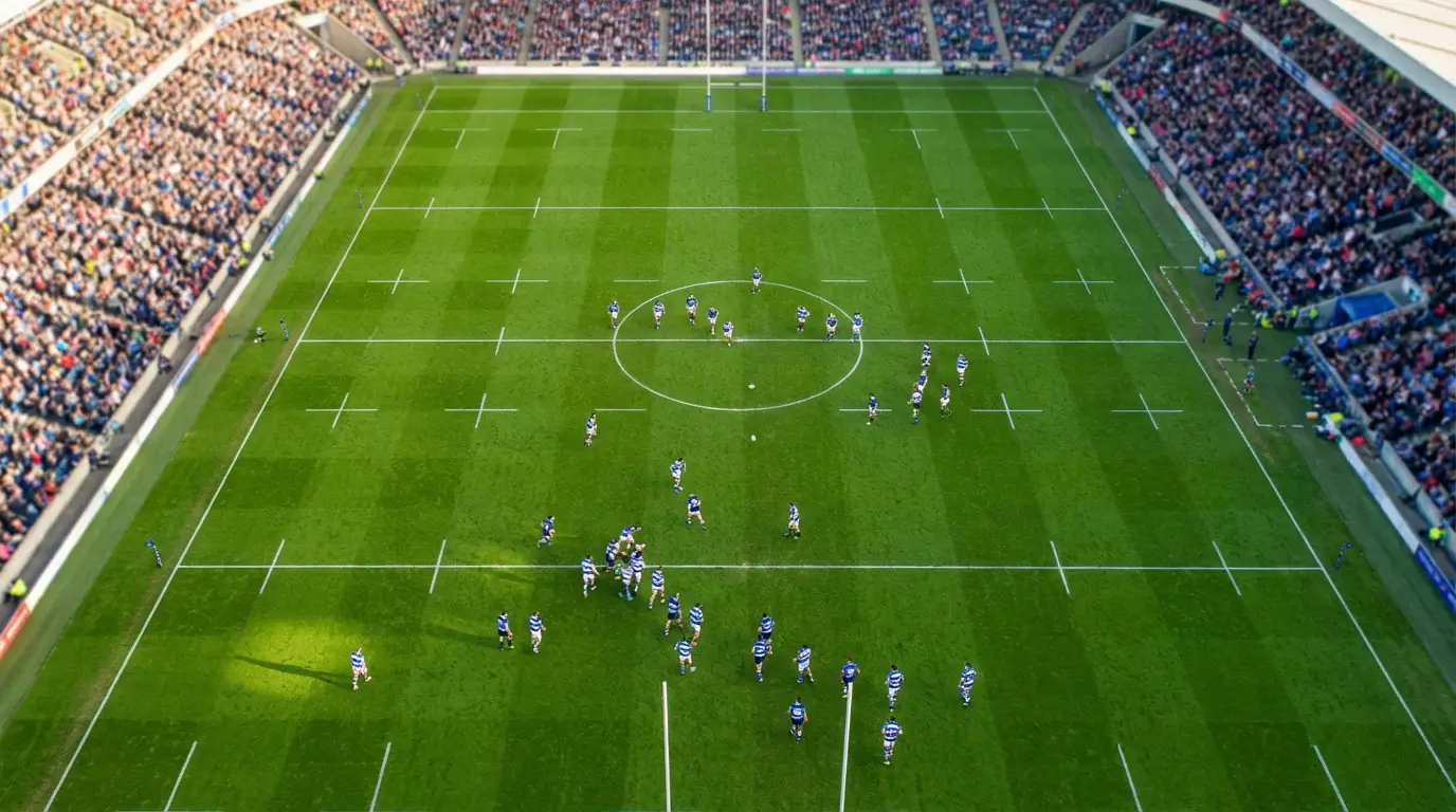 Multiple rugby matches being played on adjacent pitches viewed from above with bright green grass