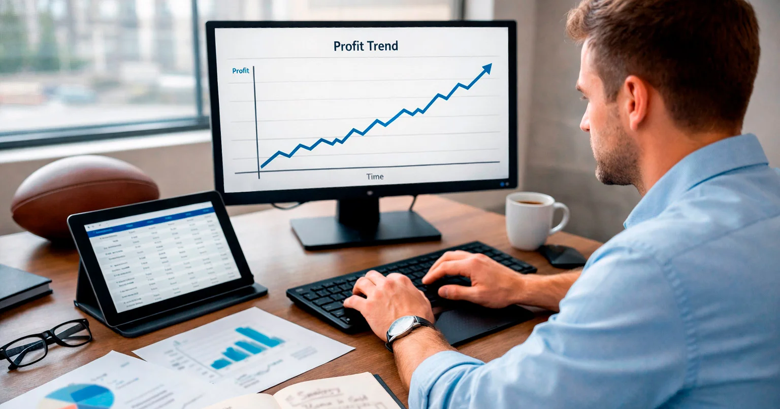 Data analyst reviewing rugby statistics and betting trends on computer