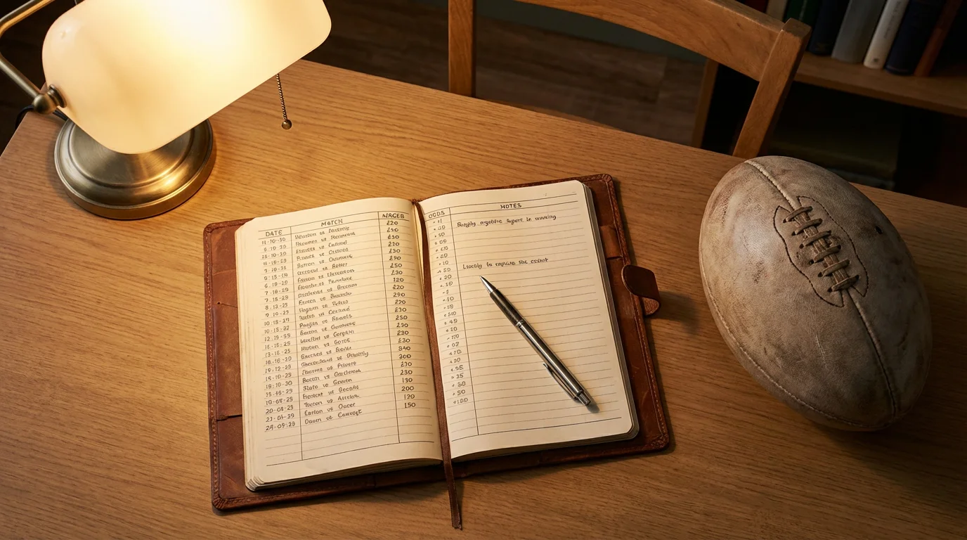 Notebook with handwritten betting records and a pen on a wooden desk beside a rugby ball