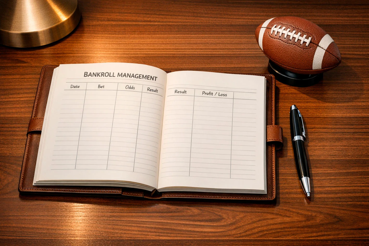 Organized desk with rugby betting records and a pen on paper