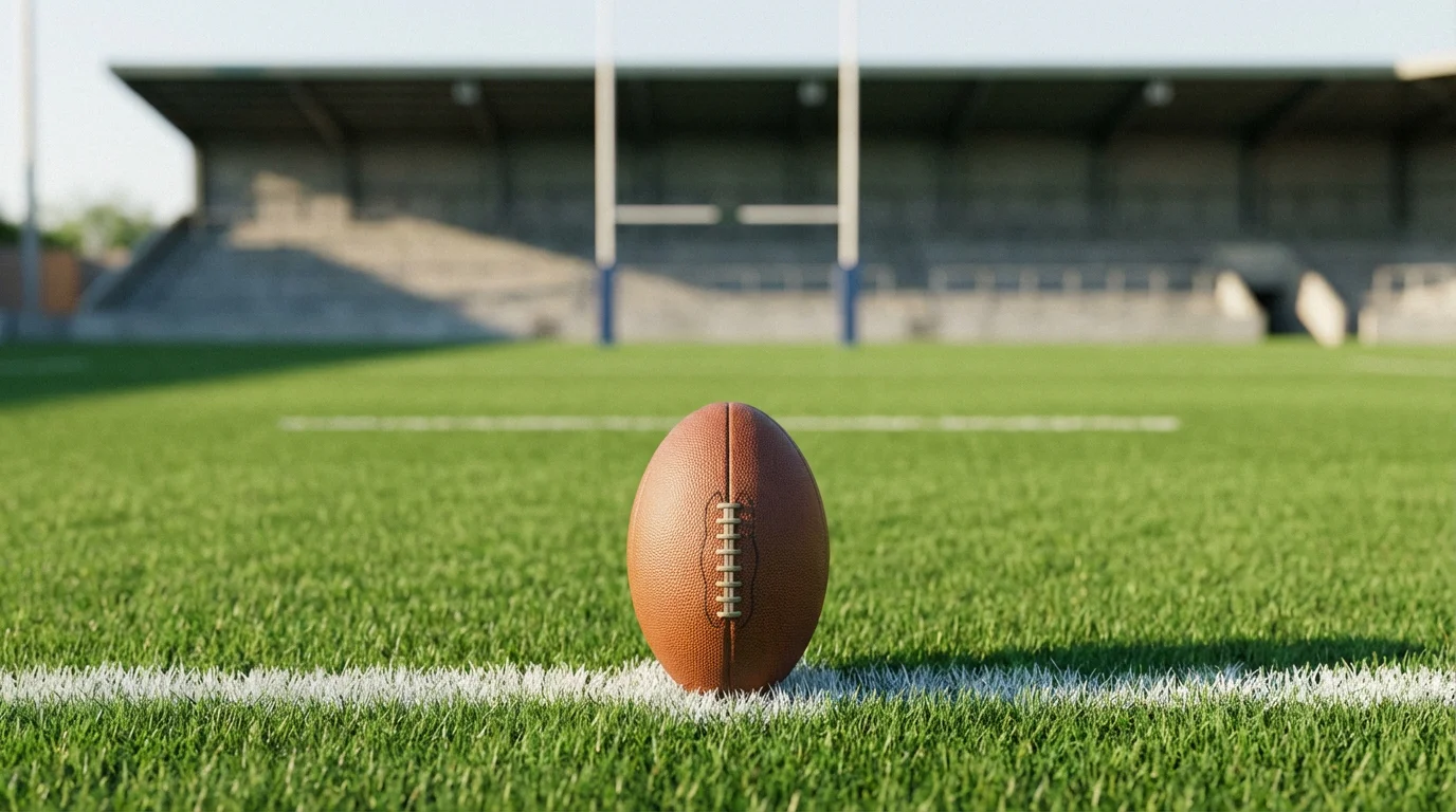 Rugby ball resting on a green grass pitch with white line markings and goalposts visible in the background