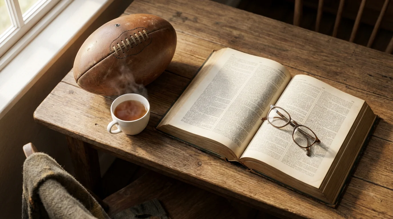 Open reference book on a wooden table with a rugby ball and a cup of tea beside it in warm light
