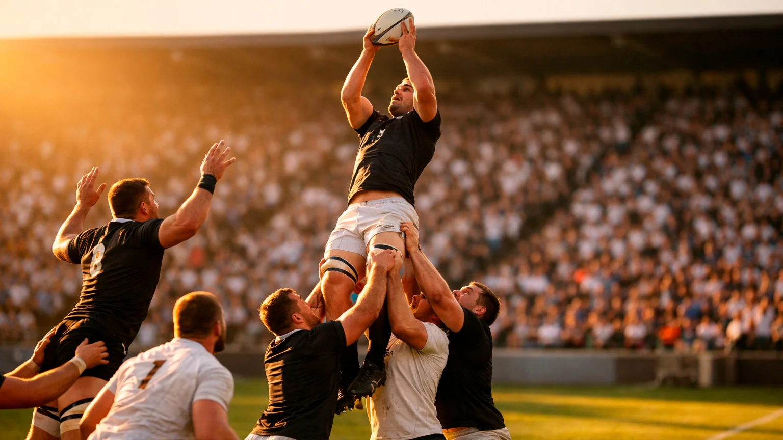 Rugby players competing in an intense match under stadium lights