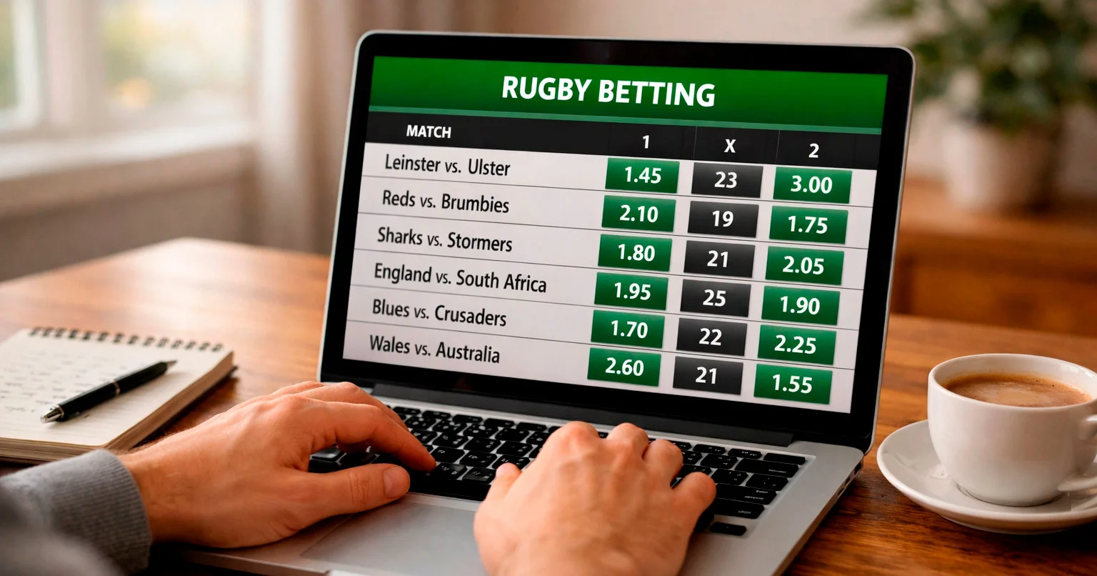 Person analyzing rugby betting markets on a laptop screen