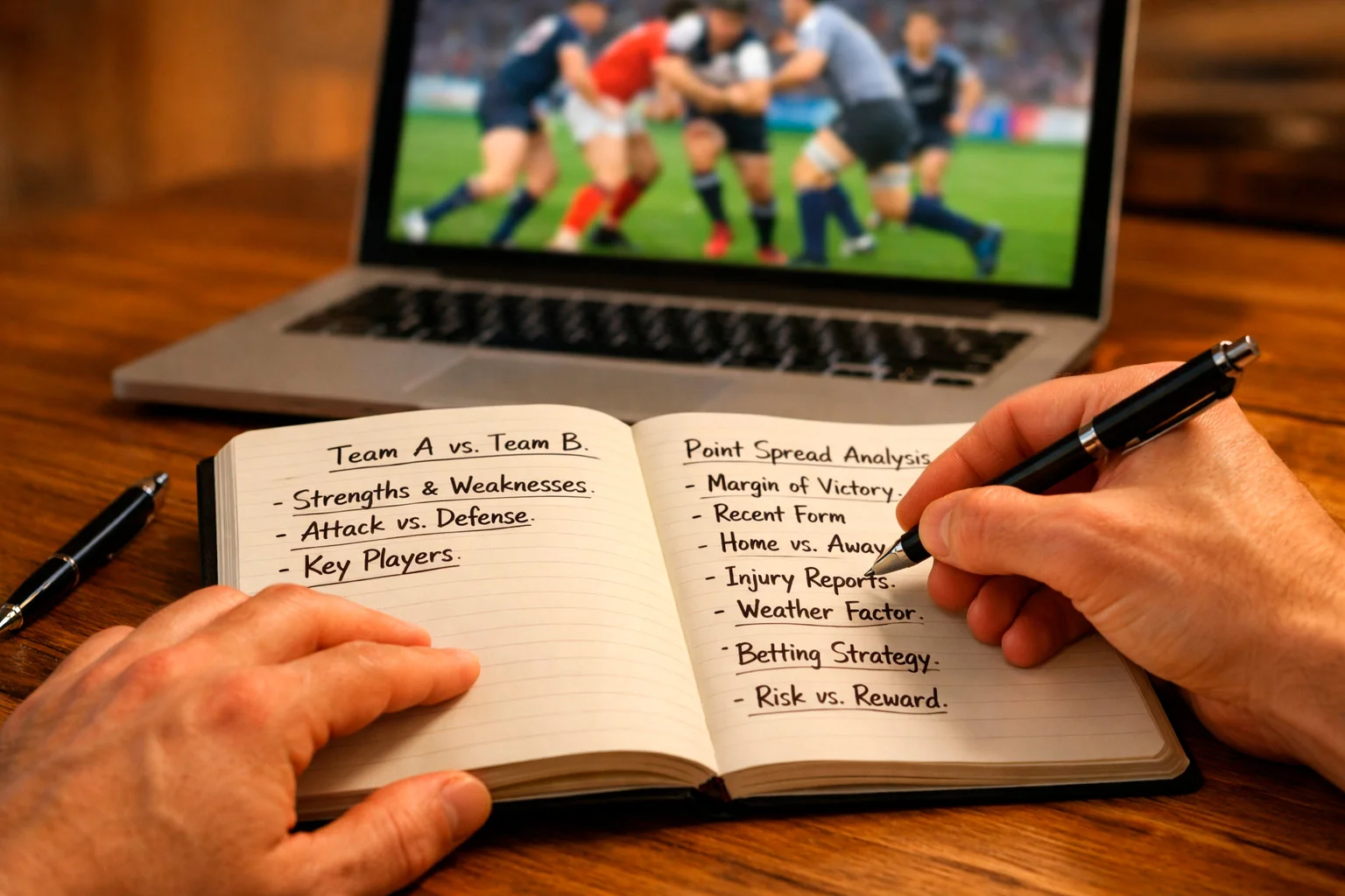 Person reviewing rugby match statistics and notes in a notebook