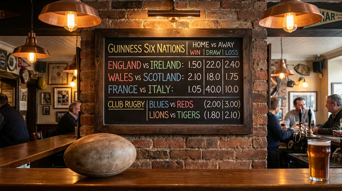 Chalkboard in a sports pub showing rugby match odds written in chalk with a rugby ball beside it