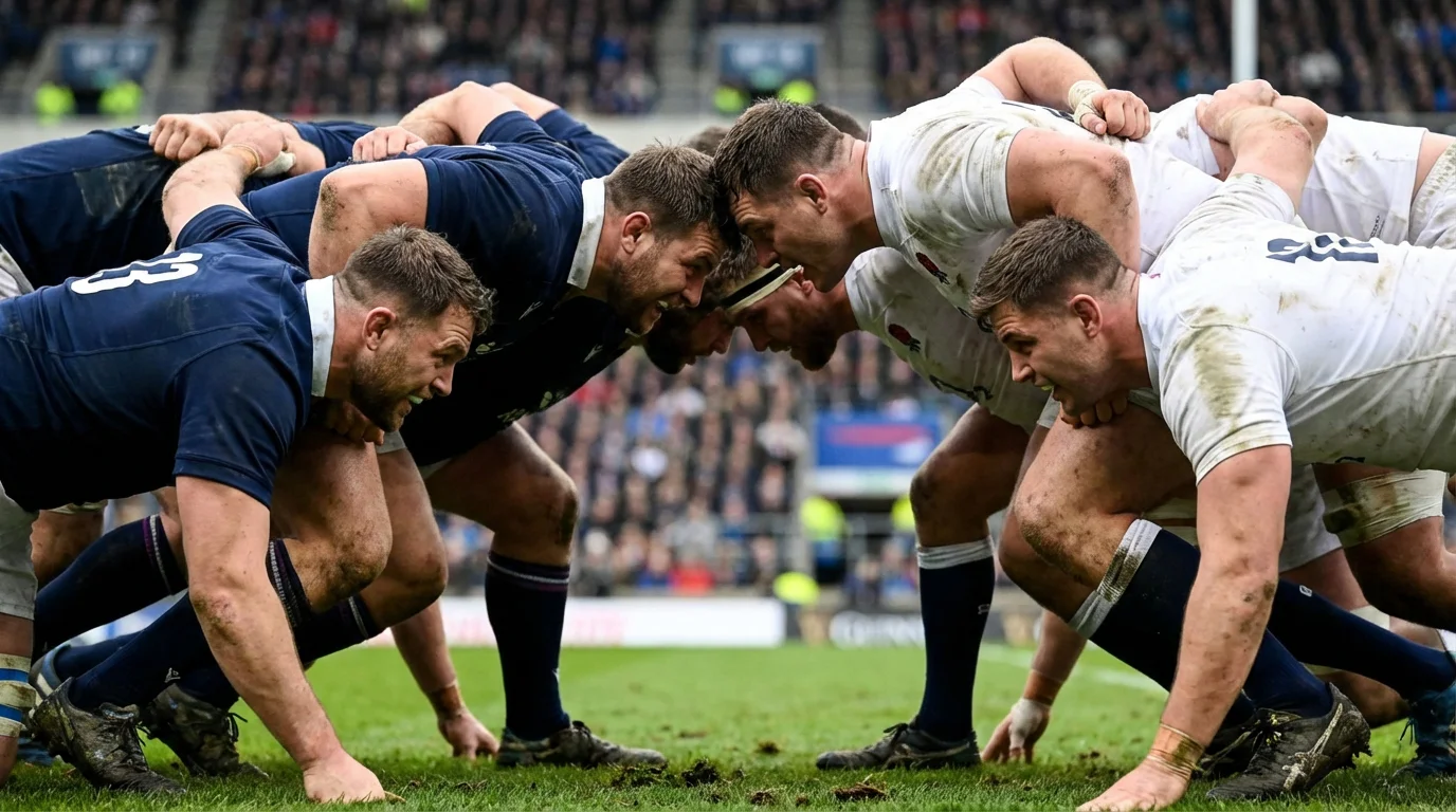 Close-up of a rugby scrum with forwards pushing against each other on a green grass pitch