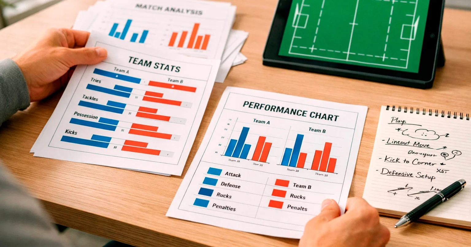 Sports analyst reviewing rugby match statistics and notes