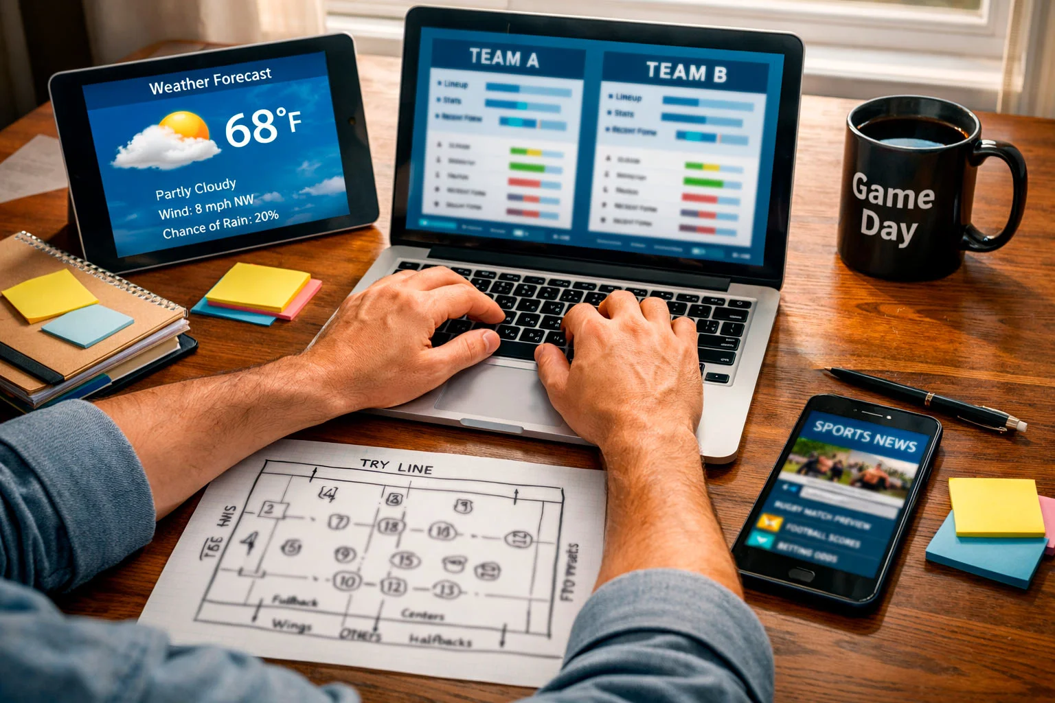 Bettor researching rugby team form and weather conditions before placing bet