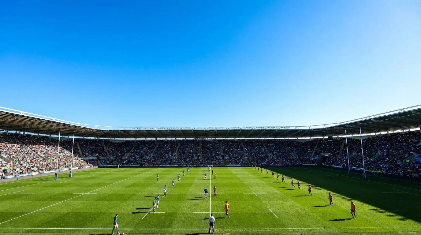 Rugby match under clear blue sky at a large southern hemisphere stadium with green grass pitch