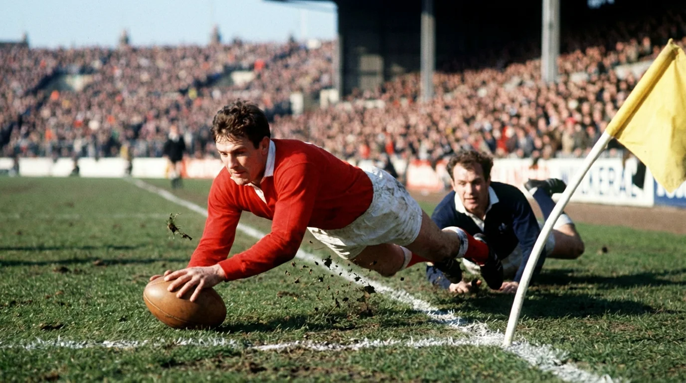 Rugby winger diving to score a try in the corner of a grass pitch during a match