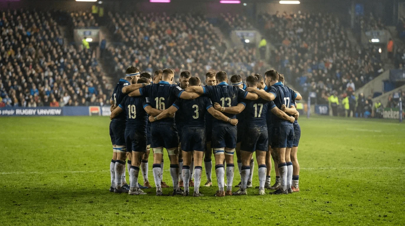 Rugby team huddled together on a green grass pitch before kickoff under stadium floodlights