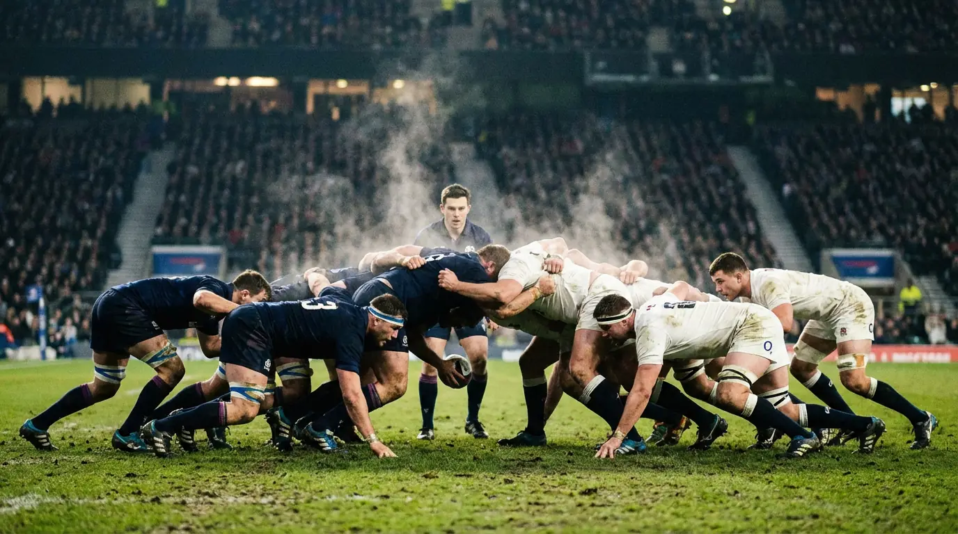Rugby players competing in a scrum on a muddy grass pitch under stadium floodlights