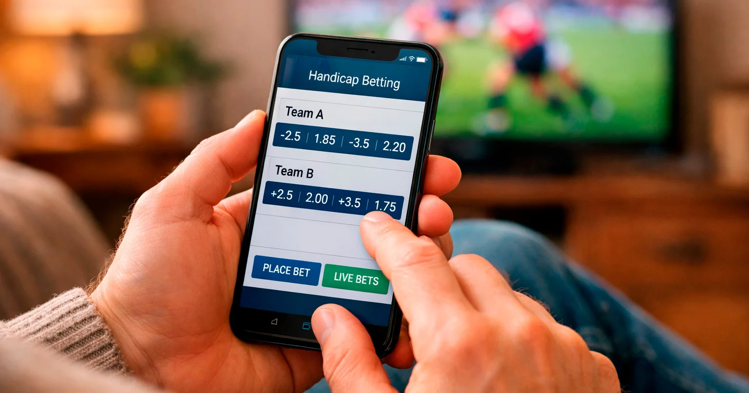 Bettor studying rugby handicap lines on a sportsbook screen
