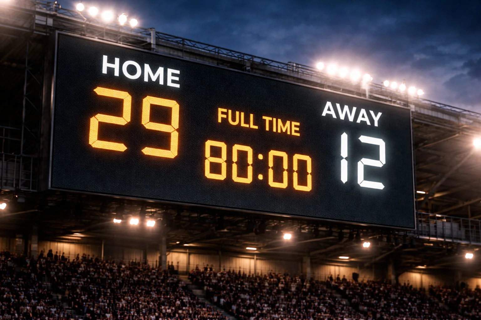 Rugby scoreboard showing point differential between two teams at a stadium