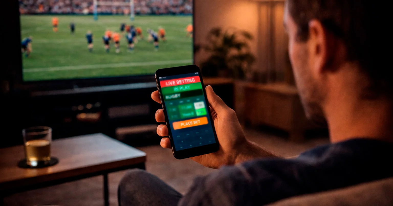 Fan watching rugby match on TV while checking live betting odds on phone