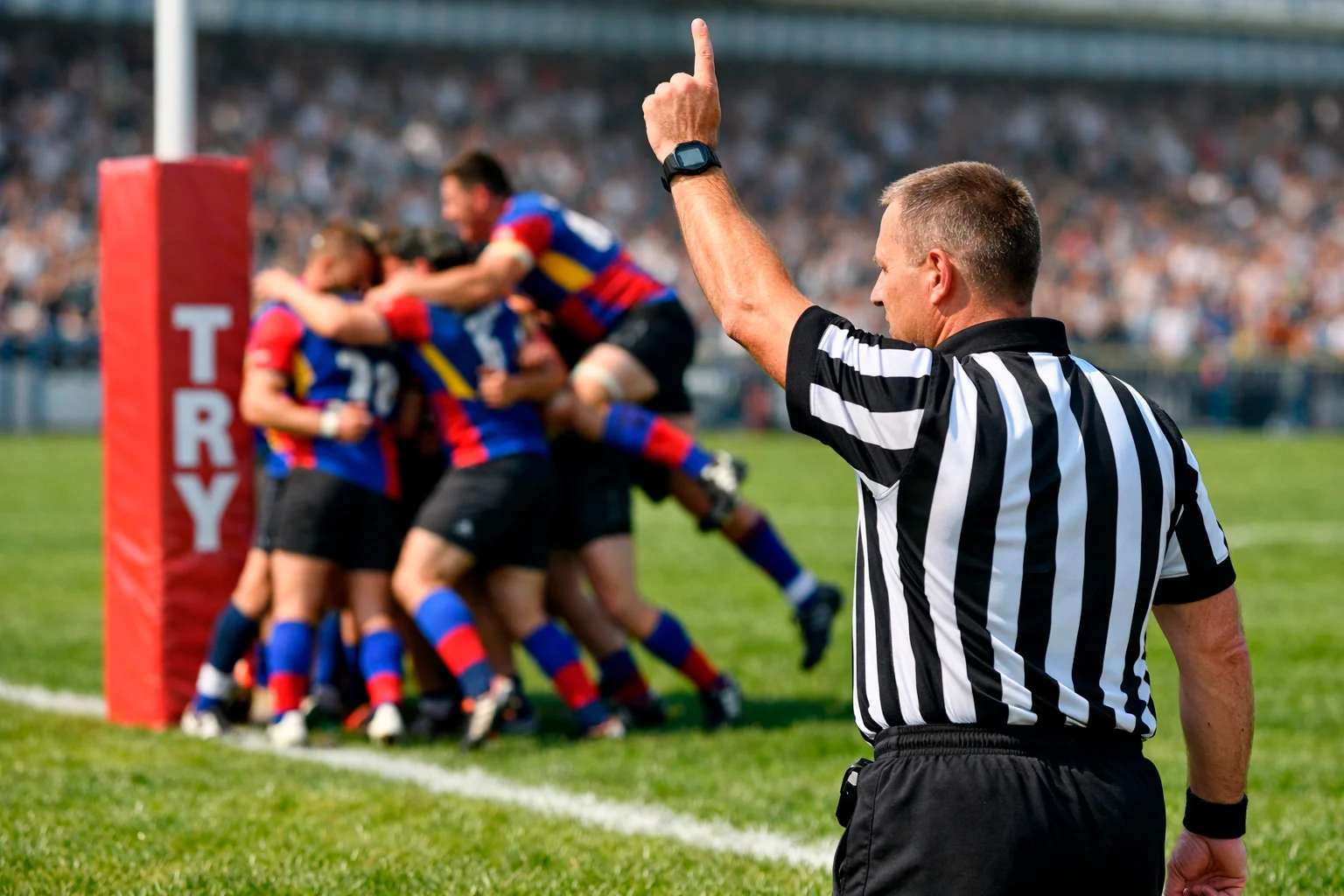 Rugby referee signaling a try while players celebrate on the field