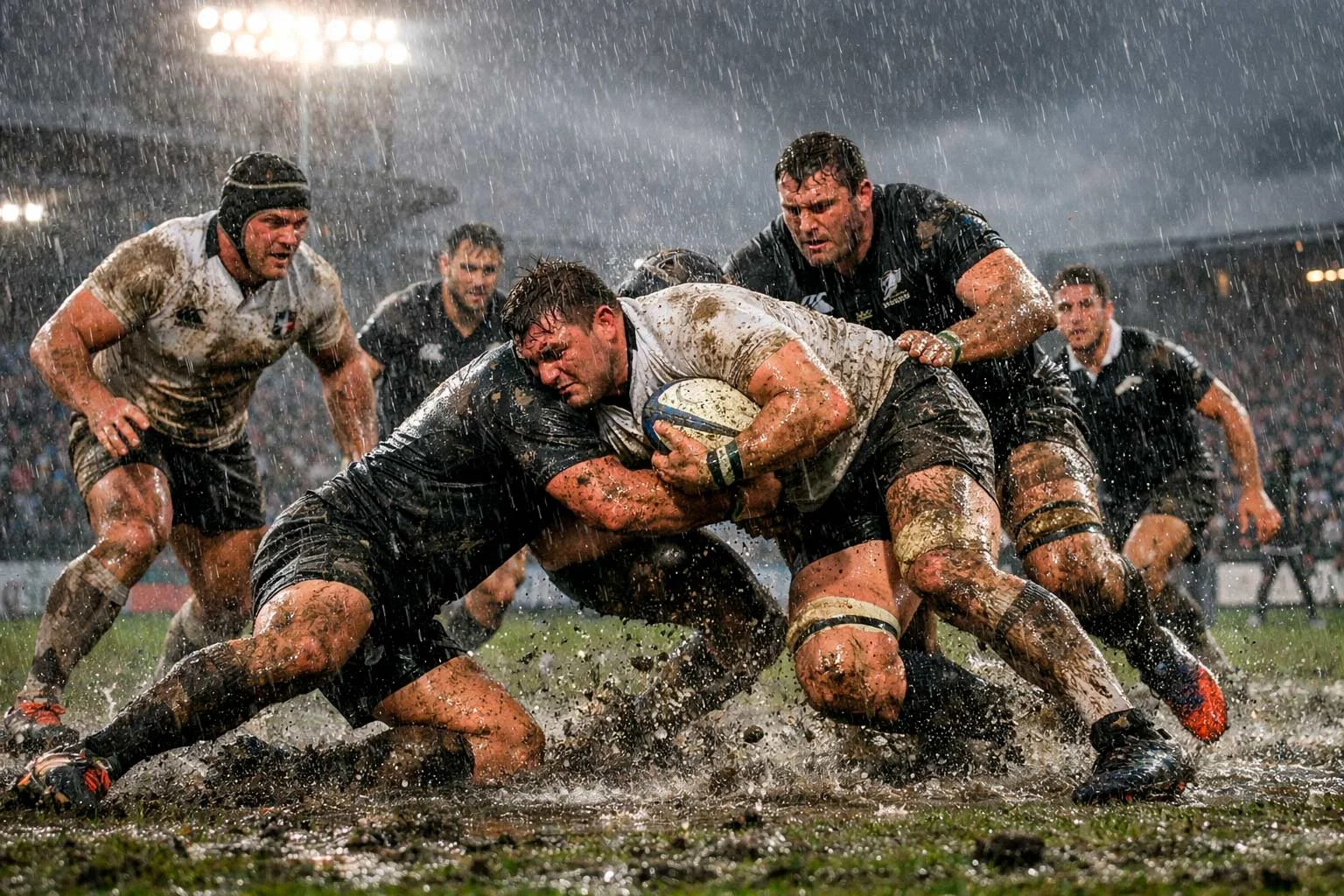 Rugby match being played in rainy weather conditions on a grass pitch