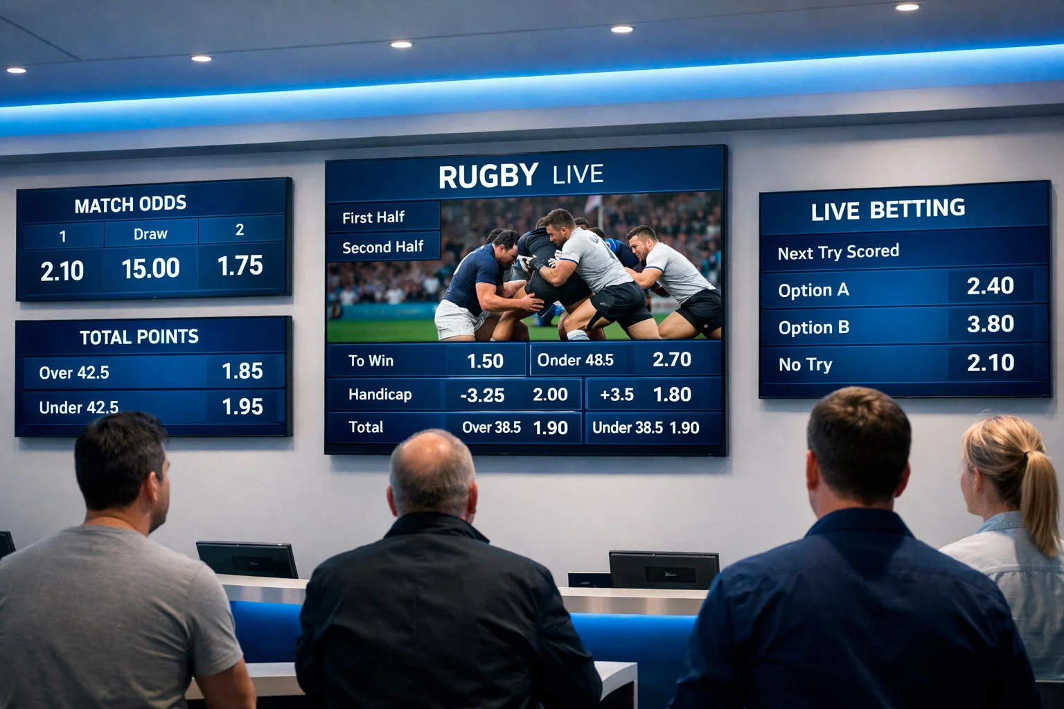Sportsbook display showing rugby match odds and betting lines