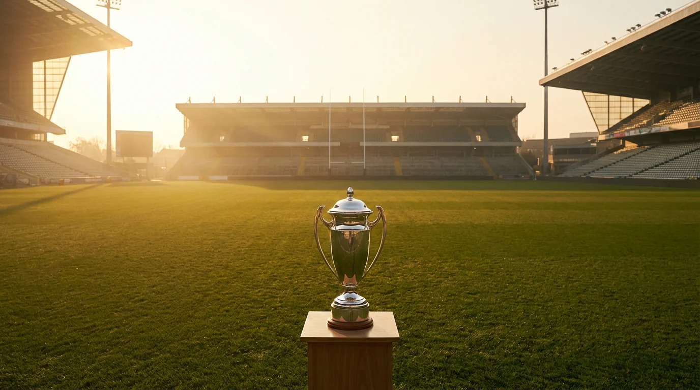 Rugby trophy on a podium at the centre of an empty green pitch in a large stadium at golden hour