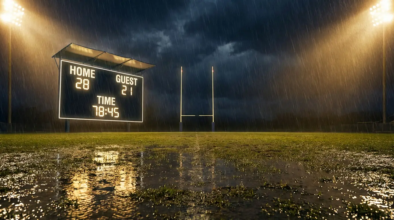 Rugby scoreboard glowing at night with a rain-soaked grass pitch in the background