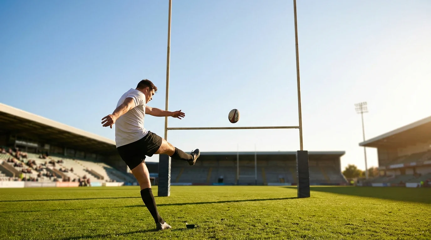 Rugby fly-half kicking a conversion between the posts on a green grass pitch in afternoon sunlight