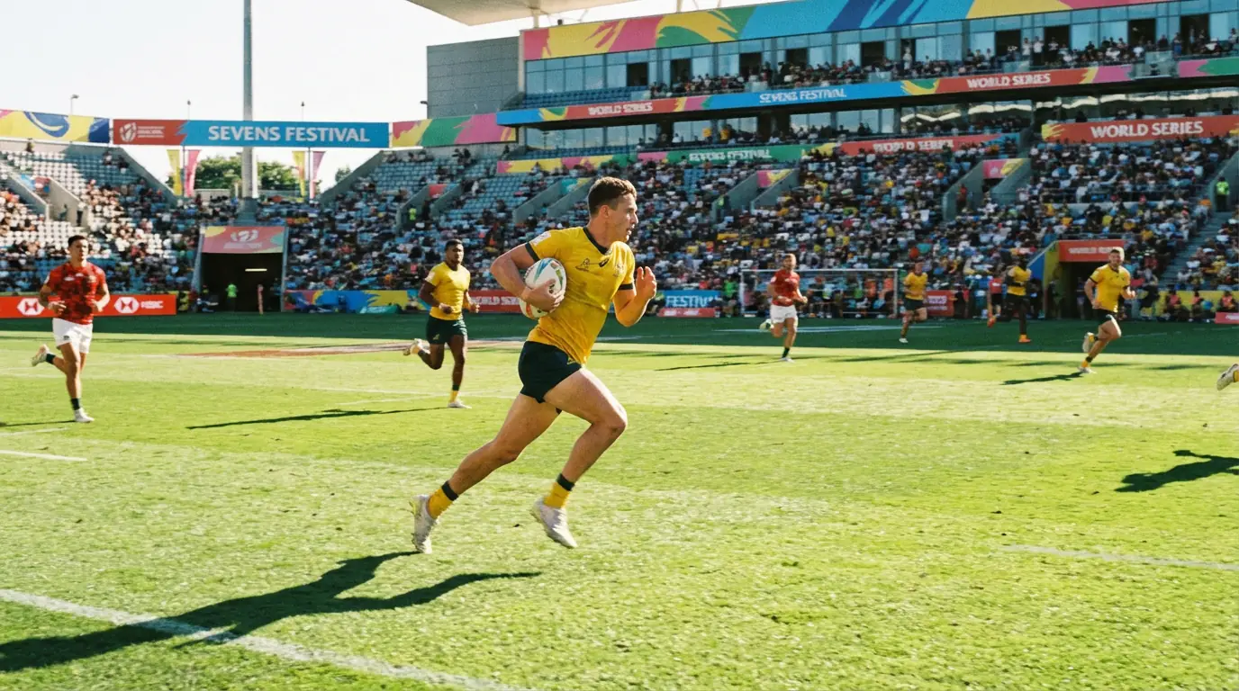 Rugby sevens player sprinting with the ball in open space on a bright green pitch with seven-a-side teams