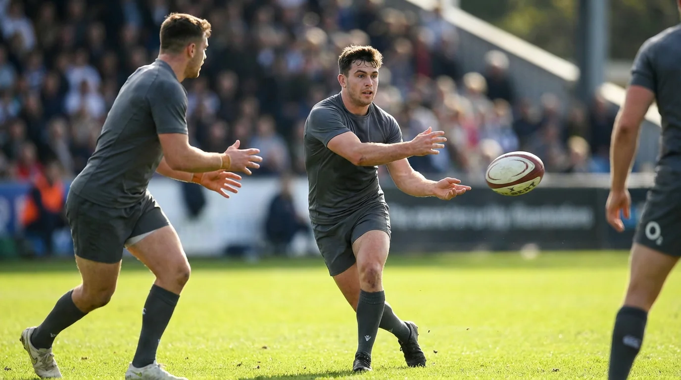 Rugby player passing the ball during a match on a green grass pitch with stadium stands in the background