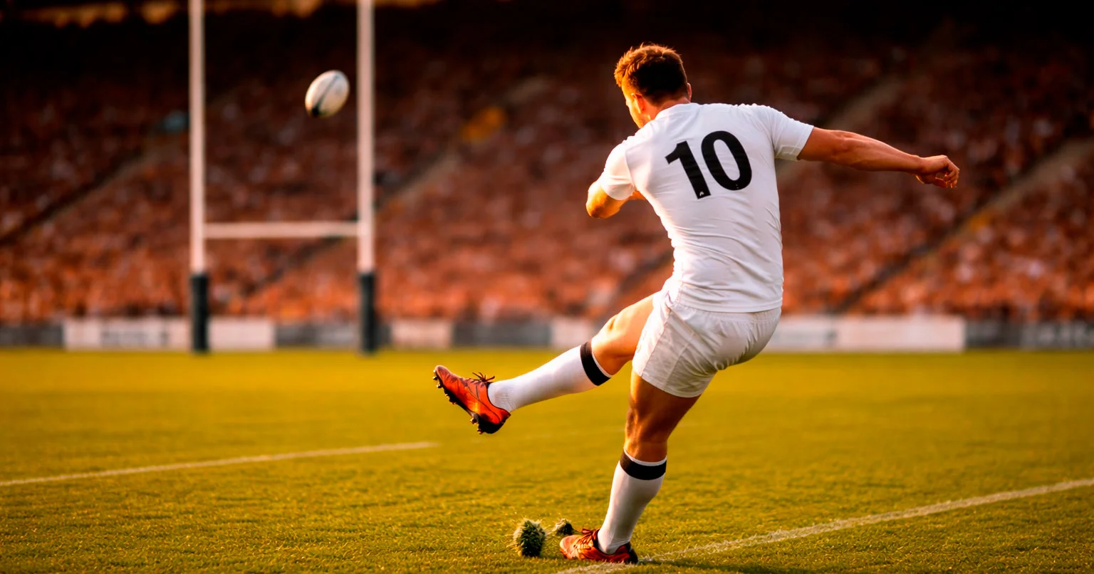 Rugby player taking a conversion kick through the posts