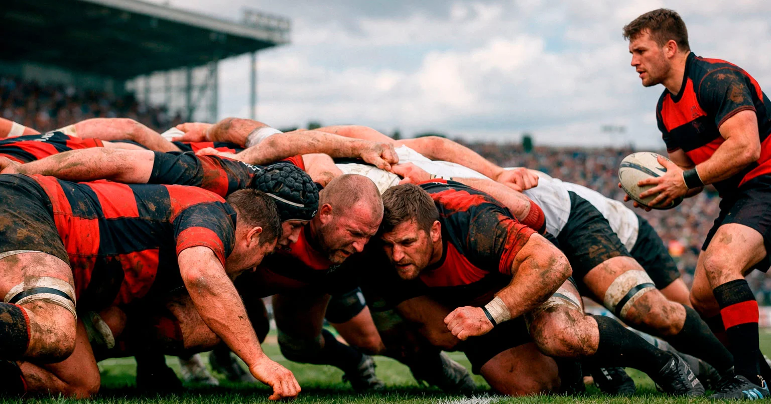 Rugby Union scrum with forwards competing for the ball