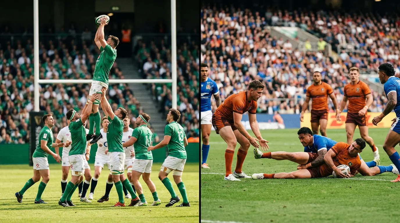 Split view of a rugby union 15-player lineup and a rugby league 13-player lineup on grass pitches