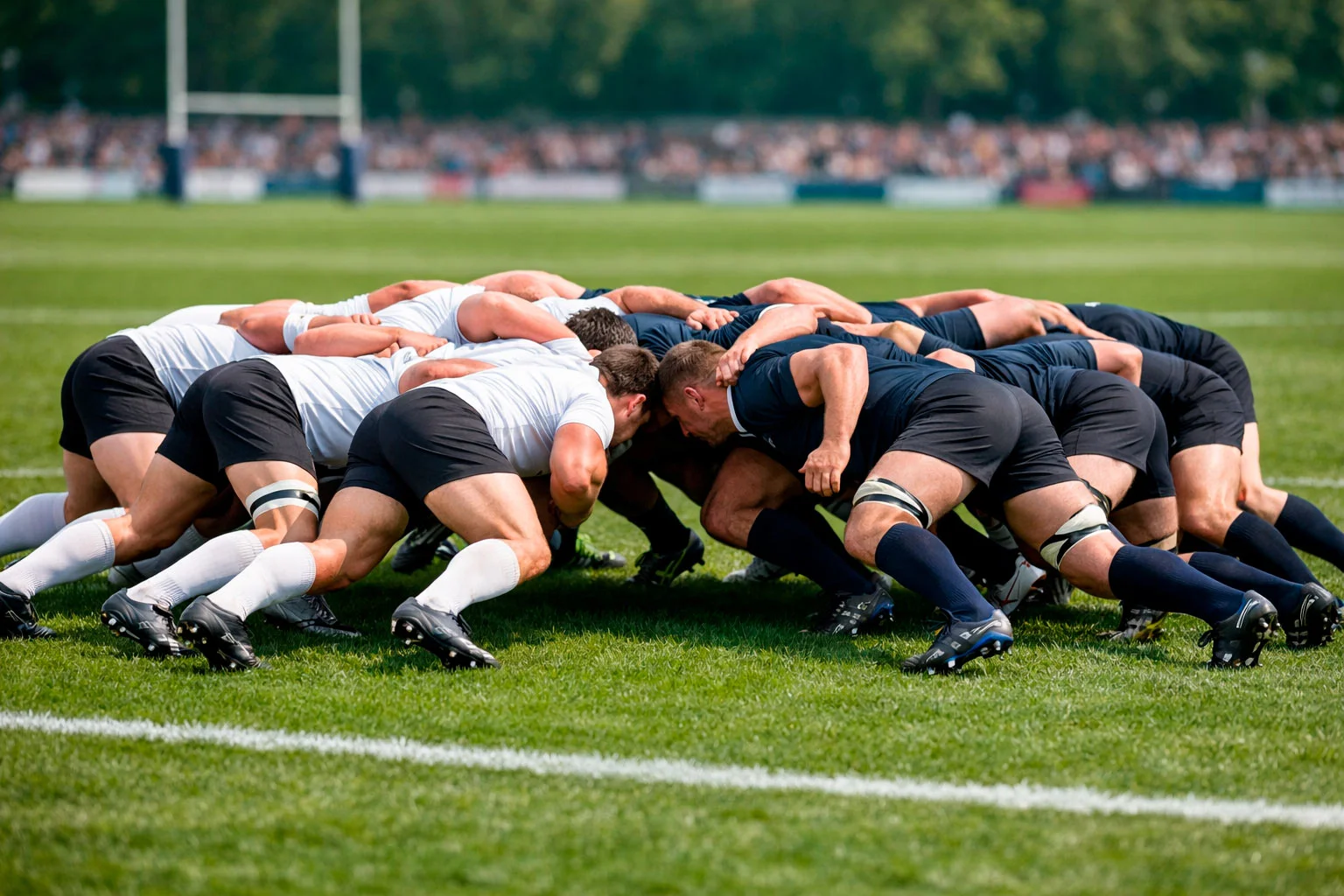 Rugby Union scrum formation showing 15 players on grass pitch
