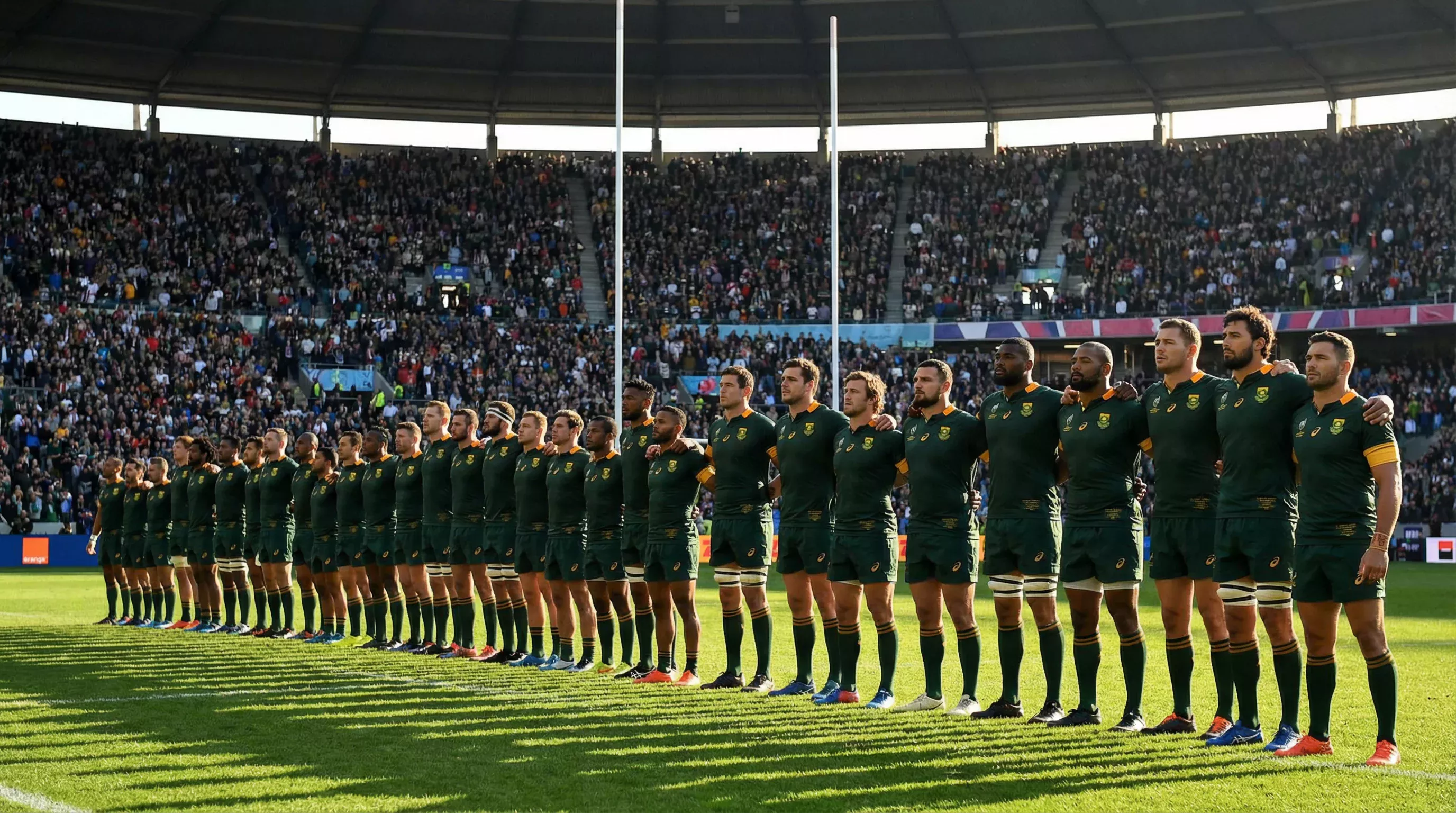 Rugby players lined up on a green pitch before a World Cup match in a sunlit stadium full of fans