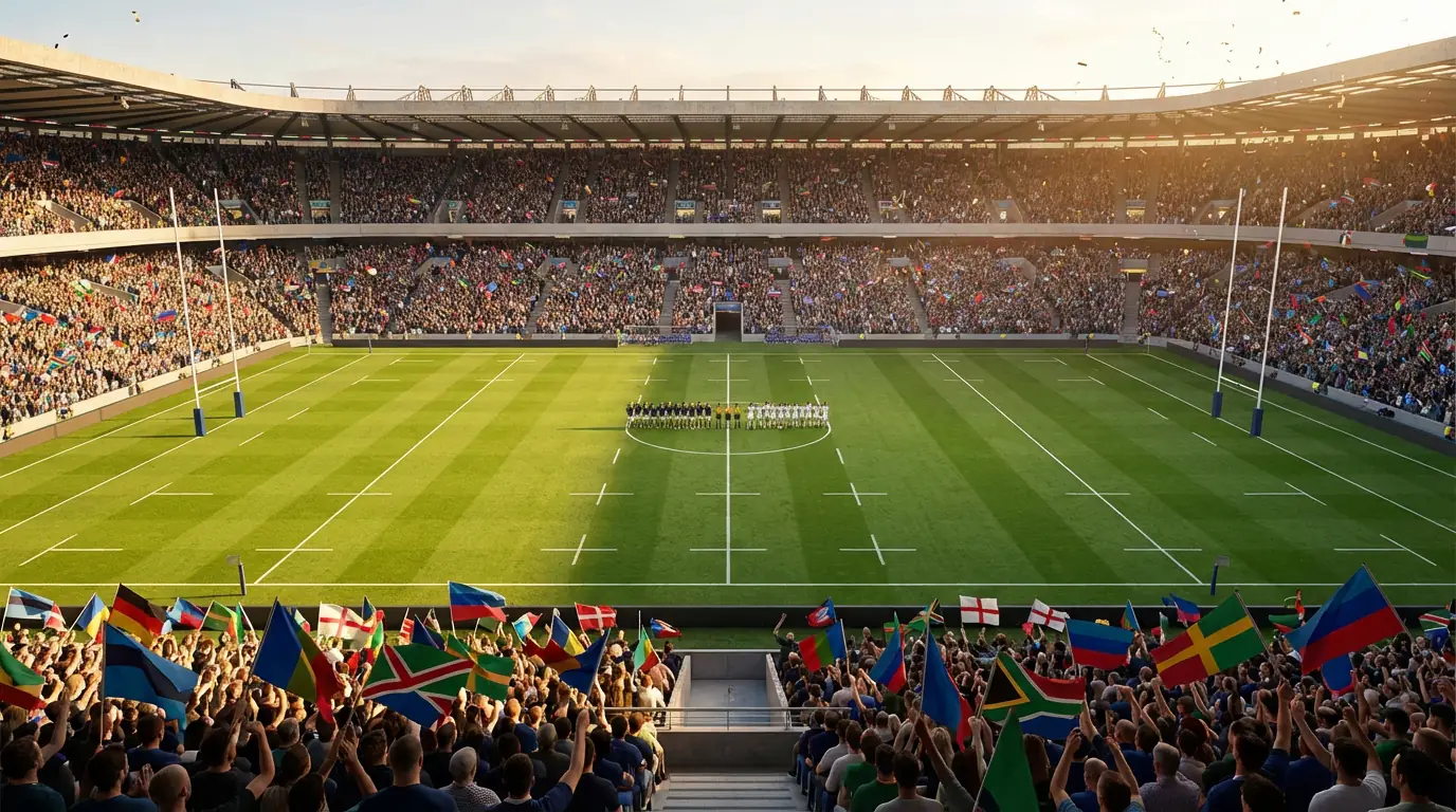 Packed rugby stadium during a Six Nations match with fans waving flags on a bright green pitch