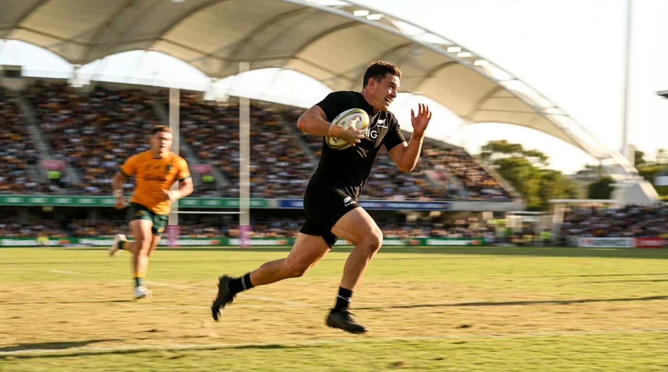 Rugby players running with the ball on a sunlit pitch in a modern southern hemisphere stadium