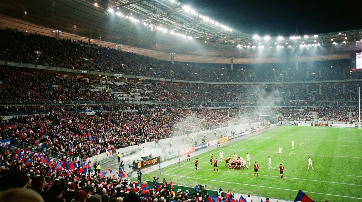 Packed French rugby stadium at night with floodlights illuminating the green pitch and passionate crowd