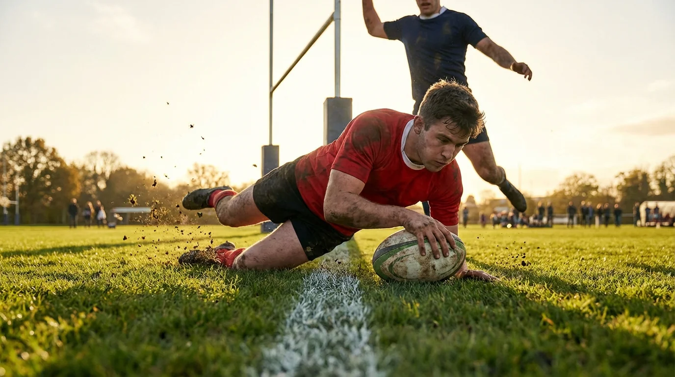 Rugby player grounding the ball over the try line on a green grass pitch with the posts behind